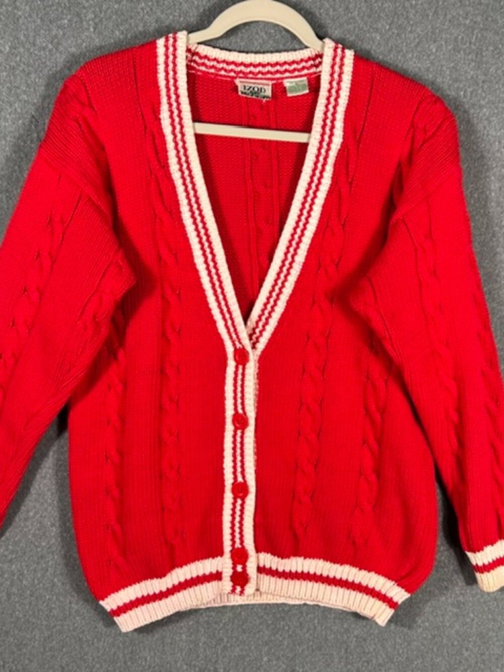 Vtg Izod Cable Knit Varsity Cardigan Sweater Unisex Sz Med Red/White Trim 90s